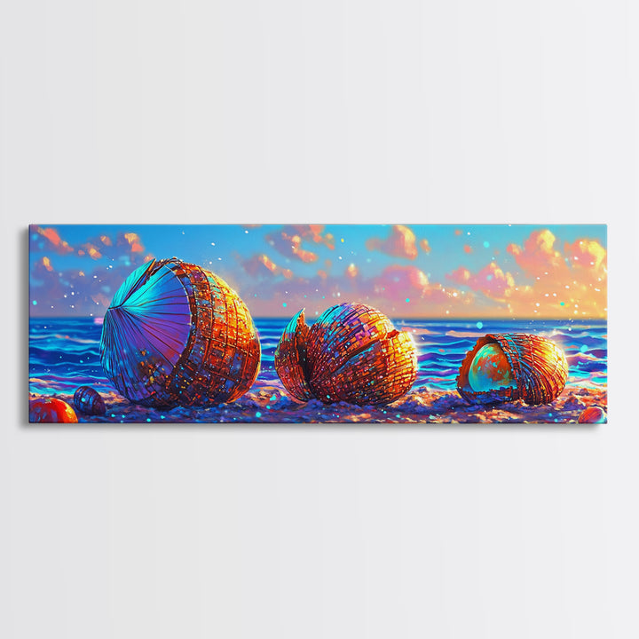 Rainbow Seashells On Sunny Beach Canvas Print, Coastal Wall Art, Ocean Decor, Beach House Nautical Living Room Decor Gift For Her