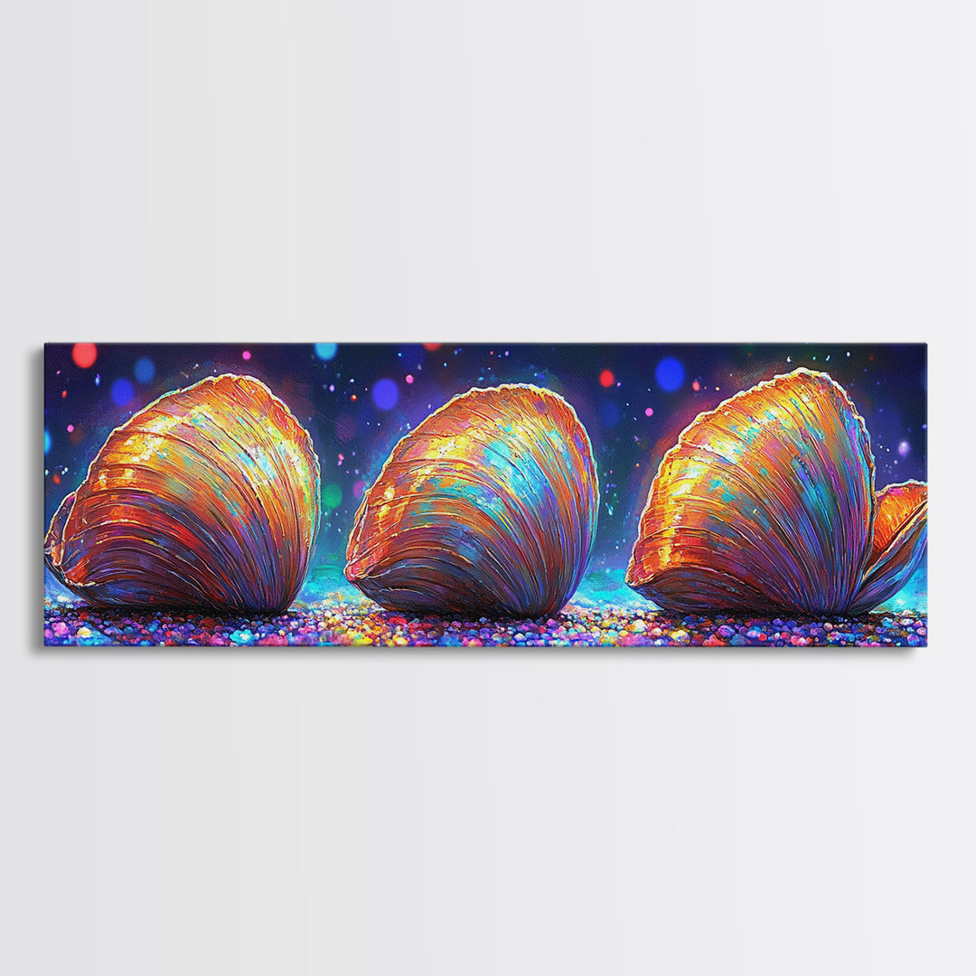 Three Glowing Seashells Canvas Print, Coastal Wall Art, Ocean Bathroom Decor, Beach House Gift, Colorful Nautical Art Print