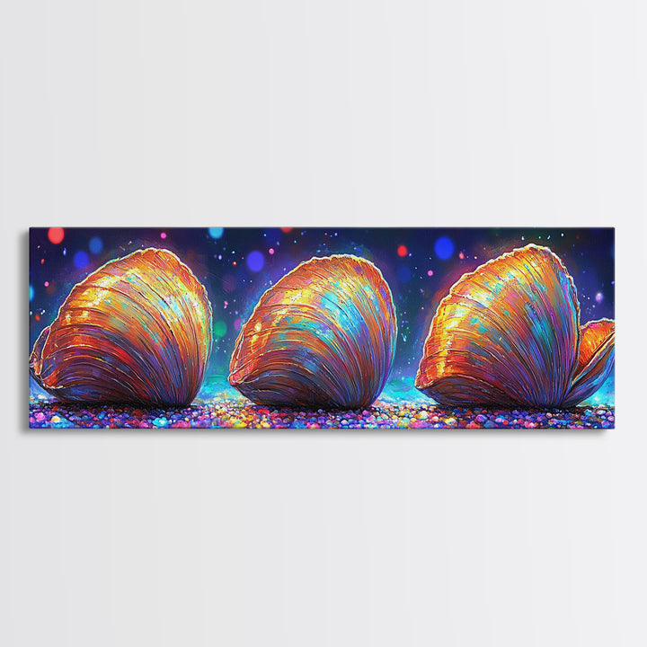 Three Glowing Seashells Canvas Print, Coastal Wall Art, Ocean Bathroom Decor, Beach House Gift, Colorful Nautical Art Print