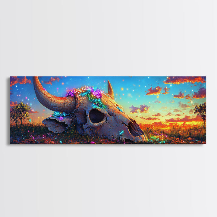 Flower Covered Longhorn Skull Canvas Print, Western Wall Art, Rustic Desert Decor, Southwestern Cowgirl Ranch Housewarming Gift