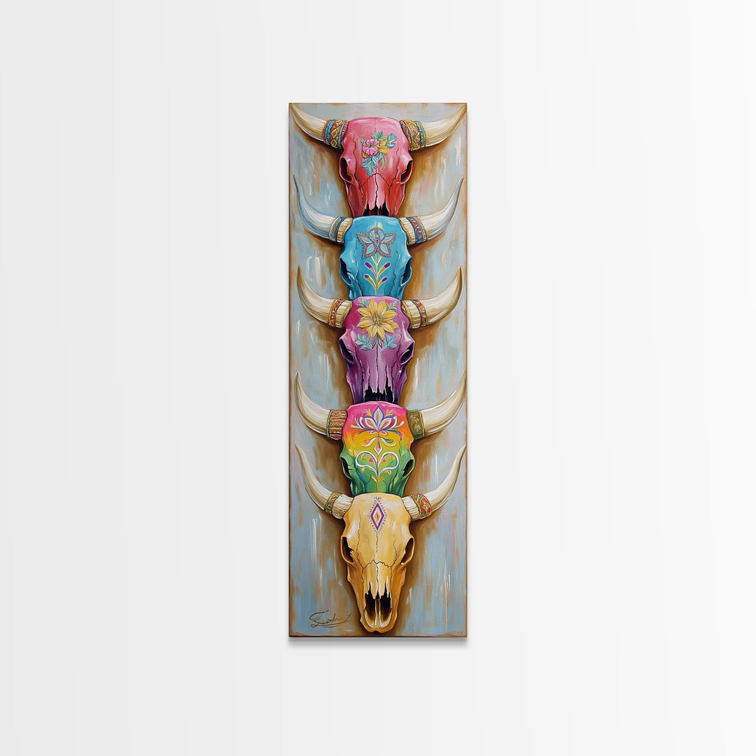 Stacked Painted Longhorn Skulls Wall Art, Southwestern Western Decor, Cowgirl Framed Canvas Print, Boho Ranch Home Decor