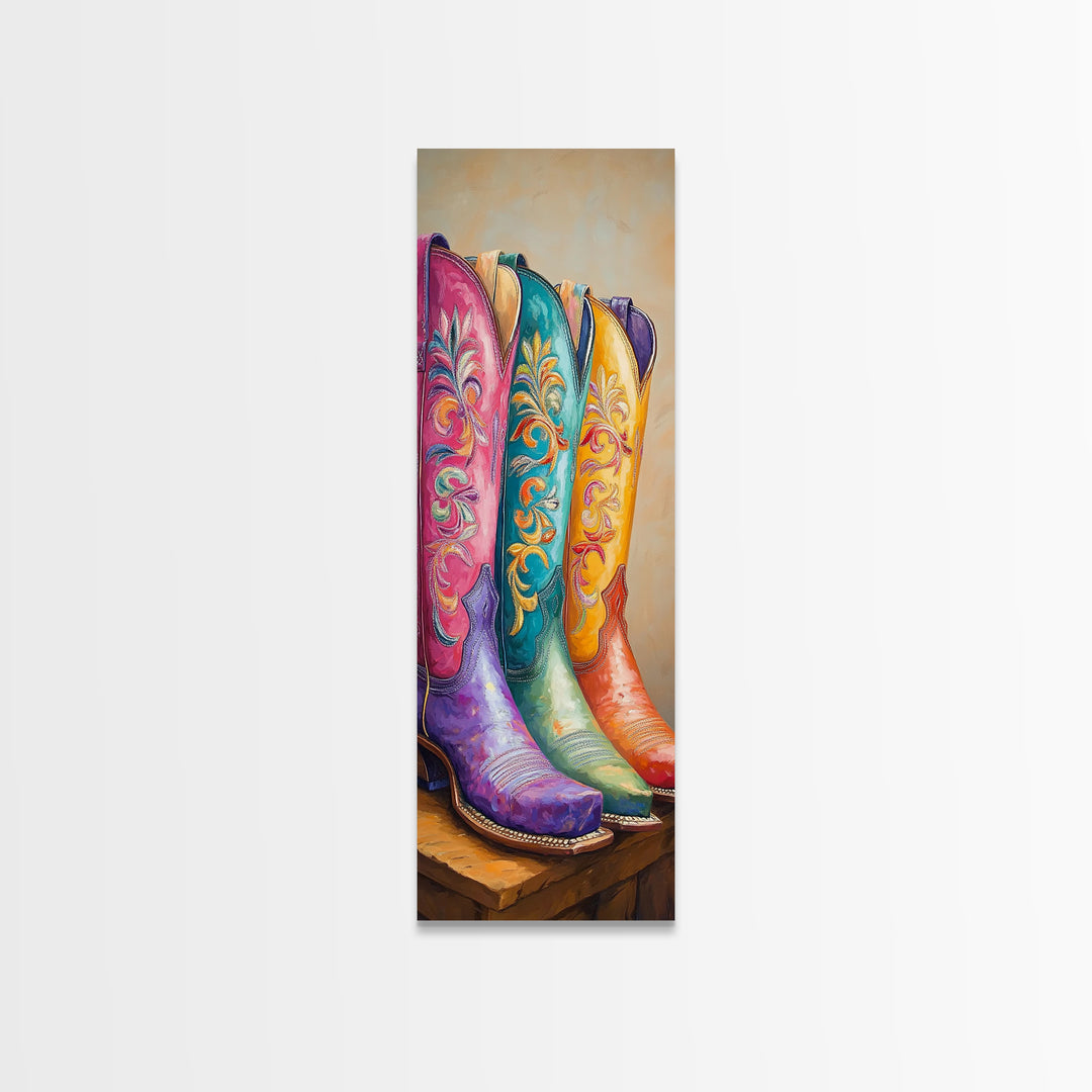 Bright Floral Western Boots Wall Art, Cowgirl Canvas Print For Boho Bedroom Living Room Ranch Home Decor Housewarming Gift