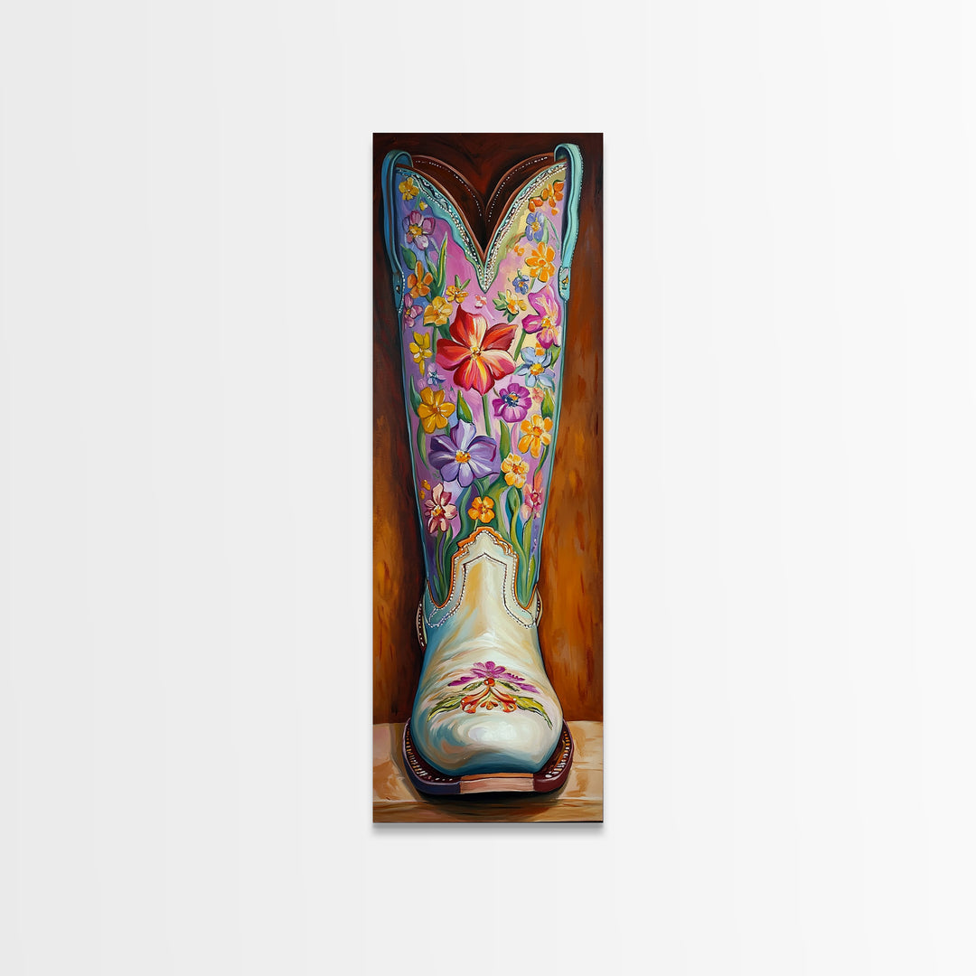 Turquoise Floral Cowboy Boot Framed Canvas Print, Western Cowgirl Wall Art, Boho Rodeo Decor, Southwestern Living Room Art