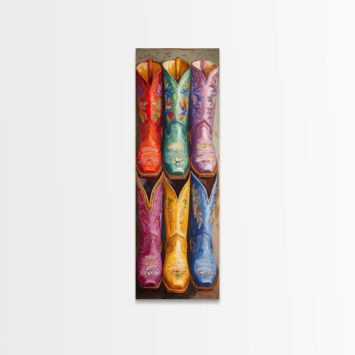 Bright Embroidered Western Boots Framed Canvas Print, Cowgirl Wall Art, Rodeo Decor, Boho Farmhouse Living Room Home Decor Gift