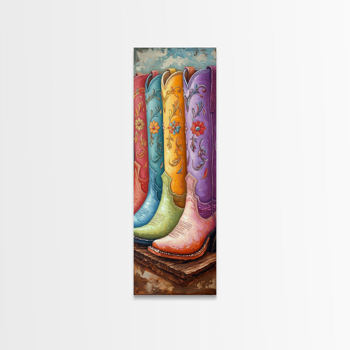Bright Embroidered Cowboy Boots Painting, Western Canvas Print, Cowgirl Wall Decor, Boho Ranch Home Decor, Gift For Her, Art Print