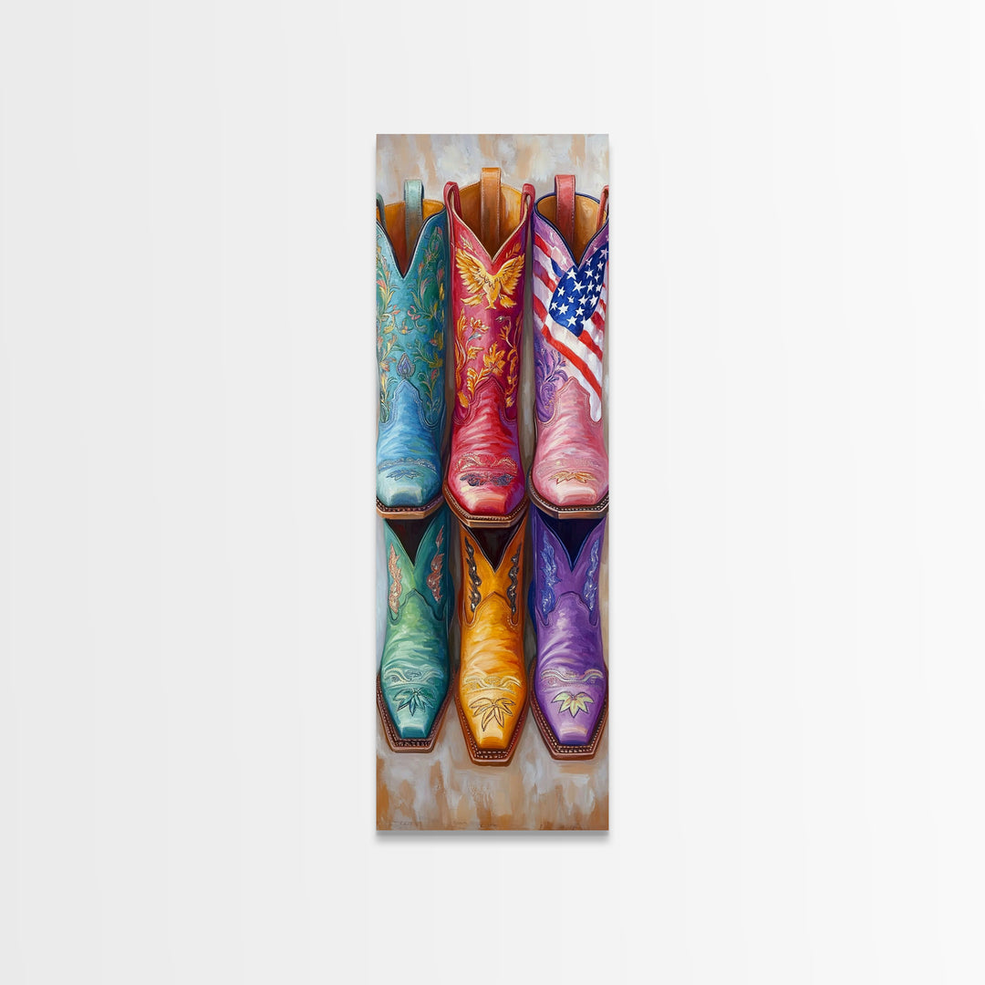 Patriotic Colorful Cowboy Boots Wall Art, Western Cowgirl Decor, Americana Canvas Print, Rustic Ranch Housewarming Gift Idea