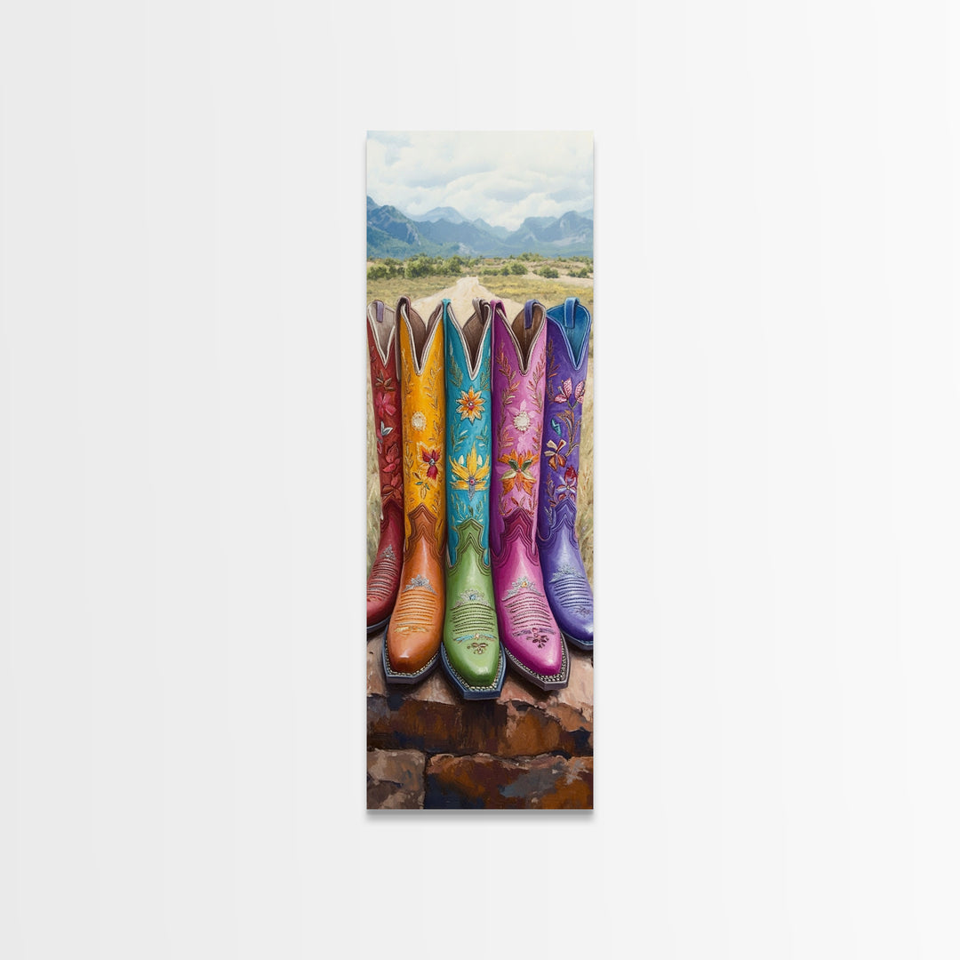 Bright Cowboy Boots In Desert Landscape Wall Art, Western Cowgirl Canvas Print, Southwestern Ranch Home Decor Gift For Living Room