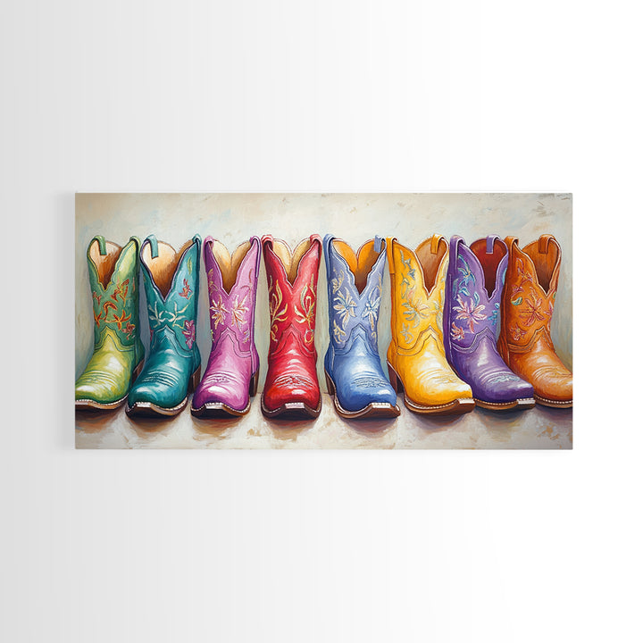 Bright Embroidered Cowboy Boots Wall Art, Western Cowgirl Canvas Print For Boho Bedroom Decor And Rustic Ranch Home Decor