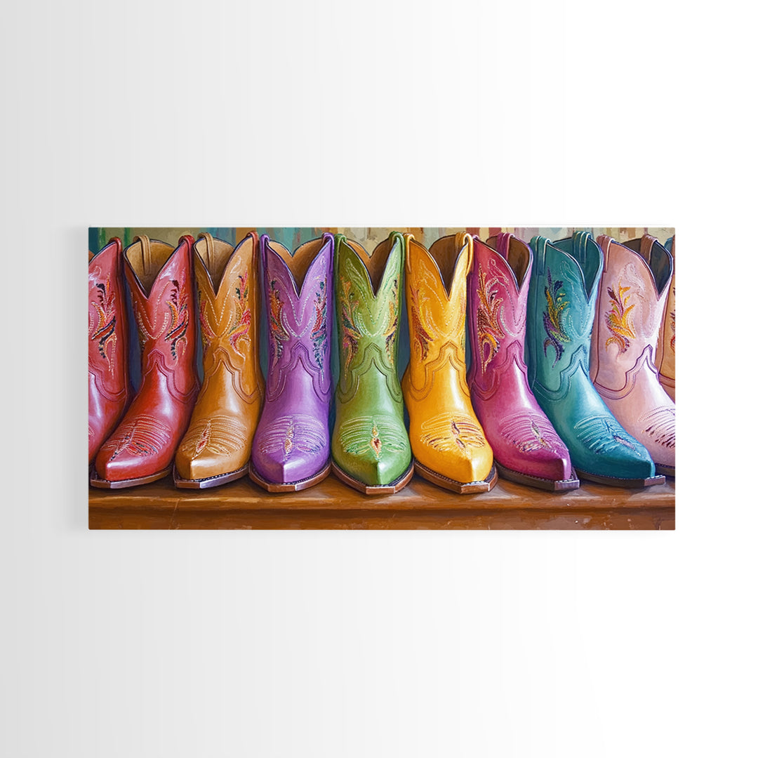 Bright Leather Cowgirl Boots With Floral Stitching Wall Art, Western Decor, Boho Wall Art Print, Rustic Farmhouse Gift For Her