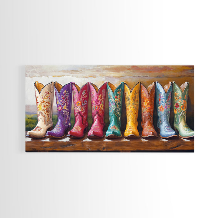 Tall Floral Cowboy Boots Framed Canvas Print, Western Wall Art, Cowgirl Room Decor, Rodeo Gift, Rustic Farmhouse Decor, Above Sofa Art