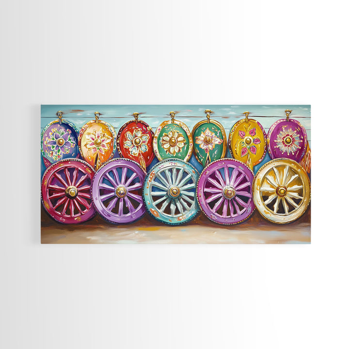 Ornate Painted Wagon Wheels Framed Canvas Print, Southwestern Wall Art, Ranch Decor, Cowgirl Room Decor, Rustic Gift, Home Decor