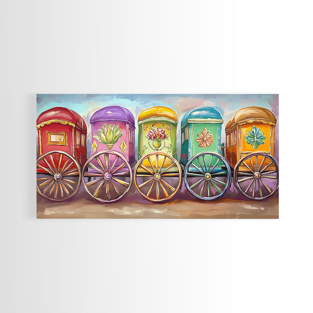 Vibrant Painted Traveling Wagons Wall Art, Western Canvas Print, Boho Ranch Decor, Colorful Nursery Art, Housewarming Gift