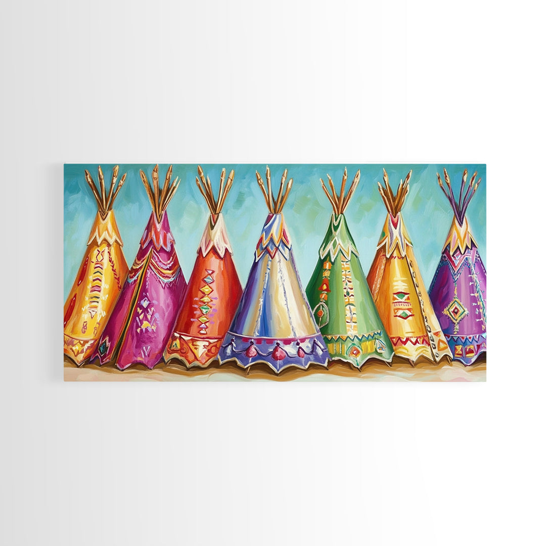 Colorful Painted Teepees Wall Art, Southwestern Nursery Decor, Native Inspired Western Canvas, Boho Kids Room Housewarming Gift