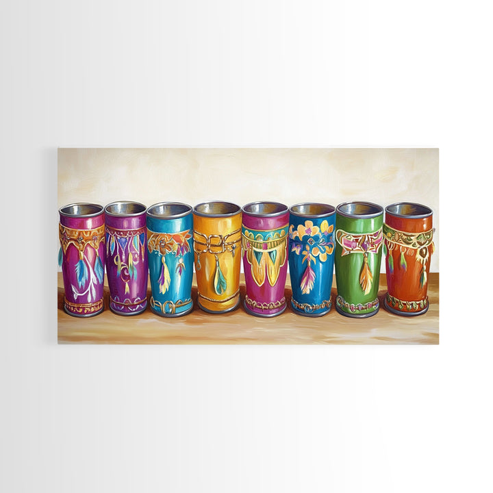 Boho Southwestern Painted Tin Cups Wall Art, Colorful Western Kitchen Decor, Rustic Ranch Canvas Art, Unique Housewarming Gift