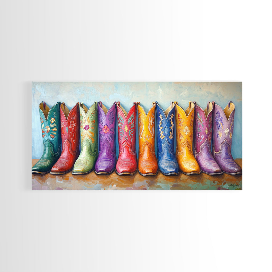 Colorful Row Of Western Cowgirl Boots Canvas Print, Embroidered Cowboy Wall Decor, Boho Ranch Living Room Housewarming Gift
