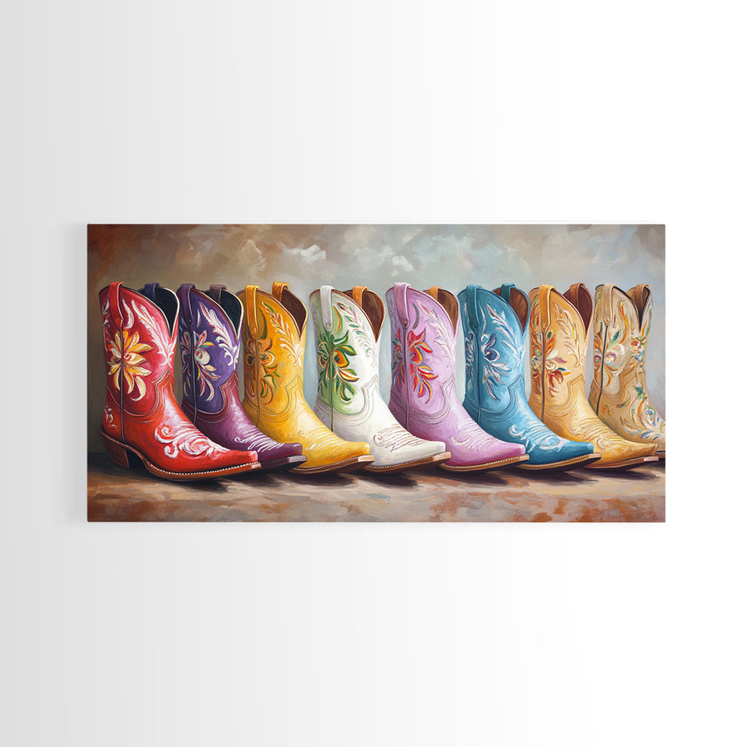 Glossy Colorful Cowgirl Boots Wall Art, Western Home Decor, Rustic Farmhouse Canvas Print, Statement Living Room Art Gift