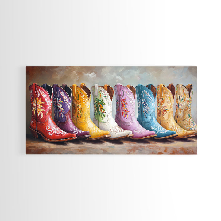 Glossy Colorful Cowgirl Boots Wall Art, Western Home Decor, Rustic Farmhouse Canvas Print, Statement Living Room Art Gift