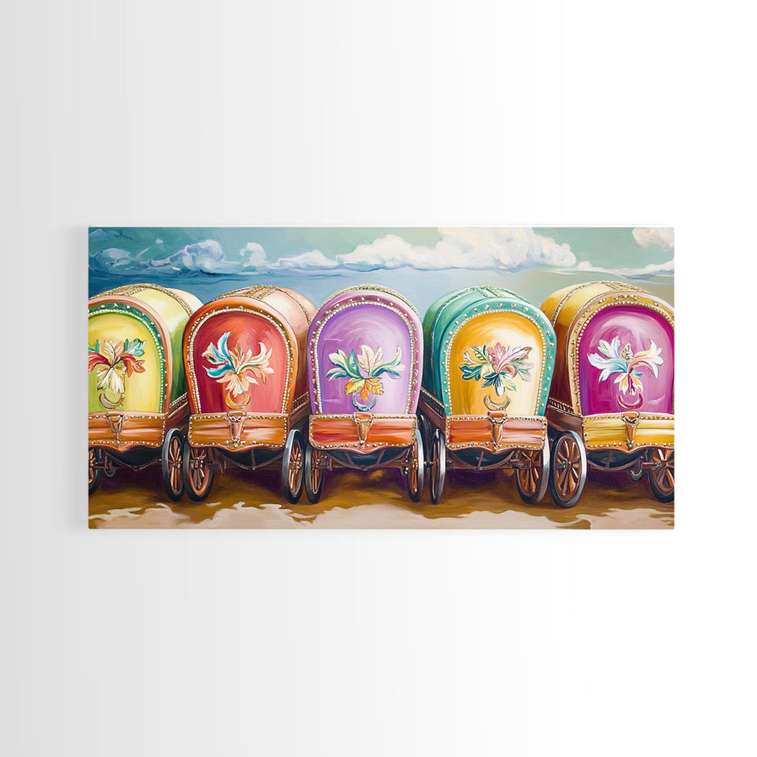Colorful Painted Gypsy Wagon Framed Canvas Print, Western Wall Art, Boho Cowgirl Decor, Rustic Farmhouse Living Room Gift