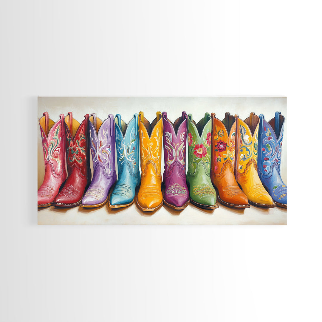 Vibrant Embroidered Cowboy Boots Wall Art, Western Cowgirl Decor, Rustic Farmhouse Canvas Print, Colorful Living Room Art