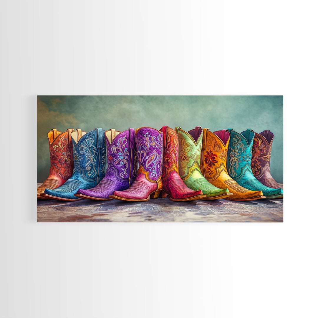 Bold Embroidered Cowboy Boots Canvas Print, Western Cowgirl Wall Art, Colorful Rustic Farmhouse Decor, Statement Living Room Art