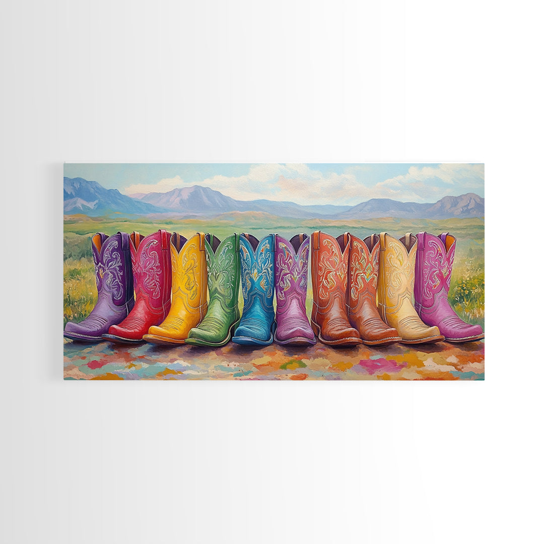 Rainbow Cowboy Boots With Mountain Meadow View Framed Canvas Print, Western Landscape Wall Art, Rustic Farmhouse Decor Gift