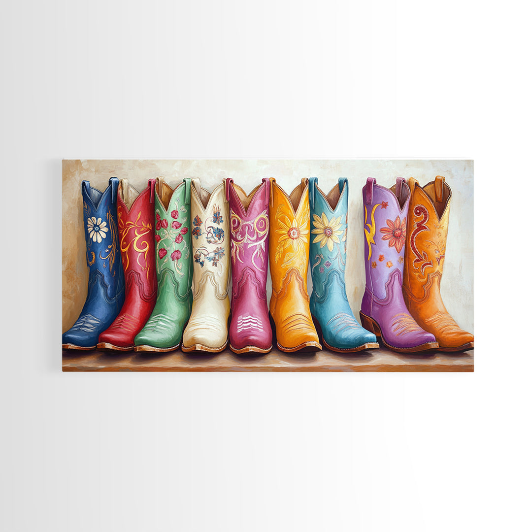 Vibrant Floral Cowgirl Boots In Blue Red Green And Orange Canvas Print, Western Wall Art, Boho Farmhouse Decor Gift For Her