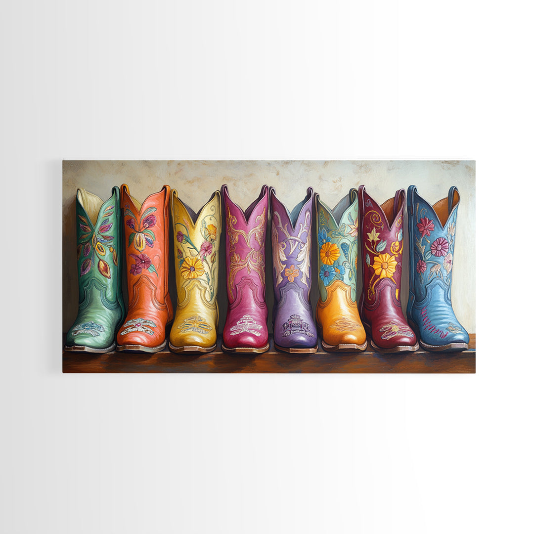 Pastel Floral Western Boots With Golden Embroidery Canvas Print, Cowgirl Wall Art, Boho Western Decor, Girls Room Decor Gift