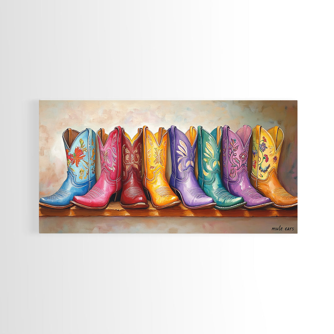 Playful Floral Cowgirl Boots In Pink Blue Orange Canvas Print, Western Wall Art, Boho Cowgirl Decor, Gift For Her, Living Room Decor