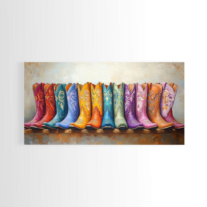 Boho Rainbow Western Boots On Rustic Ledge Framed Canvas Print, Cowgirl Wall Art, Colorful Wall Decor, Housewarming Gift