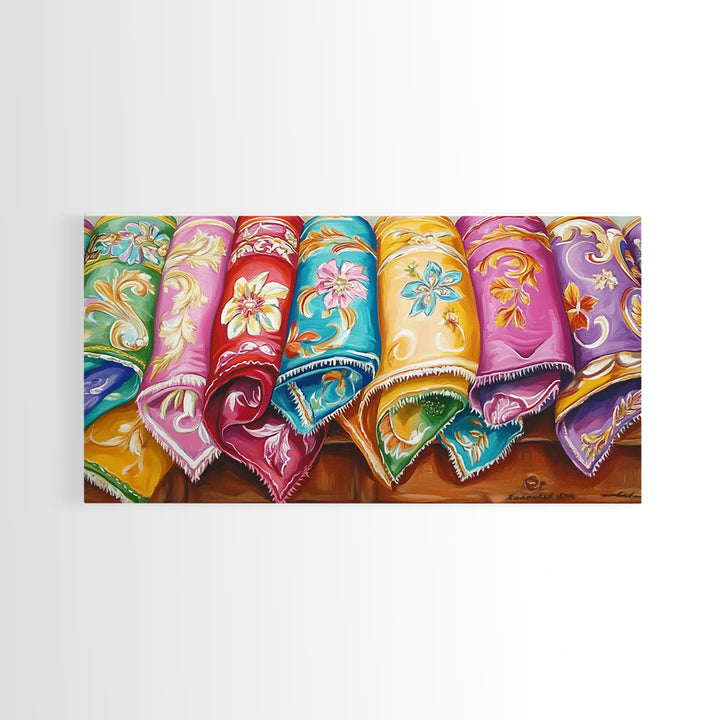 Rolled Embroidered Western Blankets Canvas Print, Colorful Cowgirl Wall Decor, Boho Ranch Living Room Art, Housewarming Gift