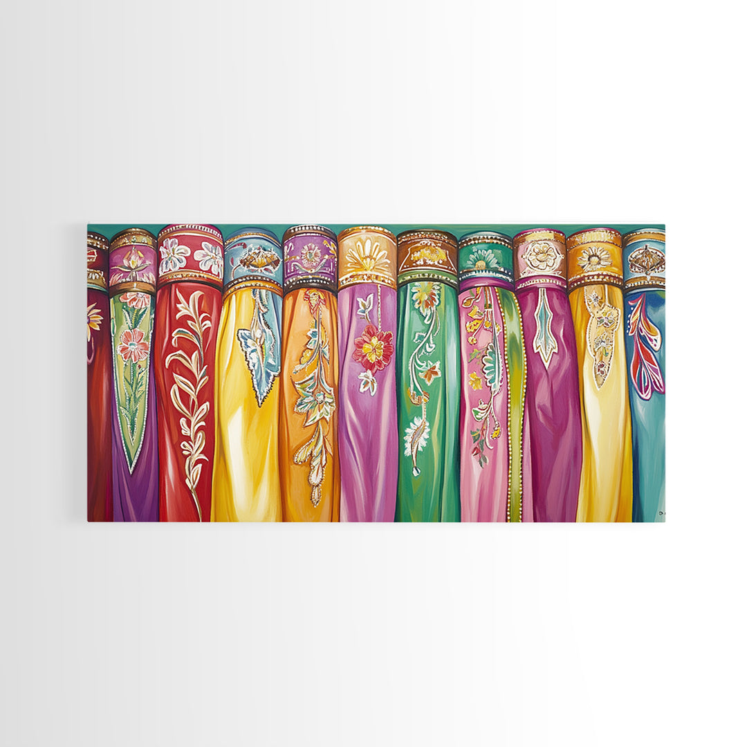Vibrant Embroidered Textile Wall Art, Boho Western Scarf Canvas Print, Maximalist Decor, Cowgirl Home Decor For Living Room