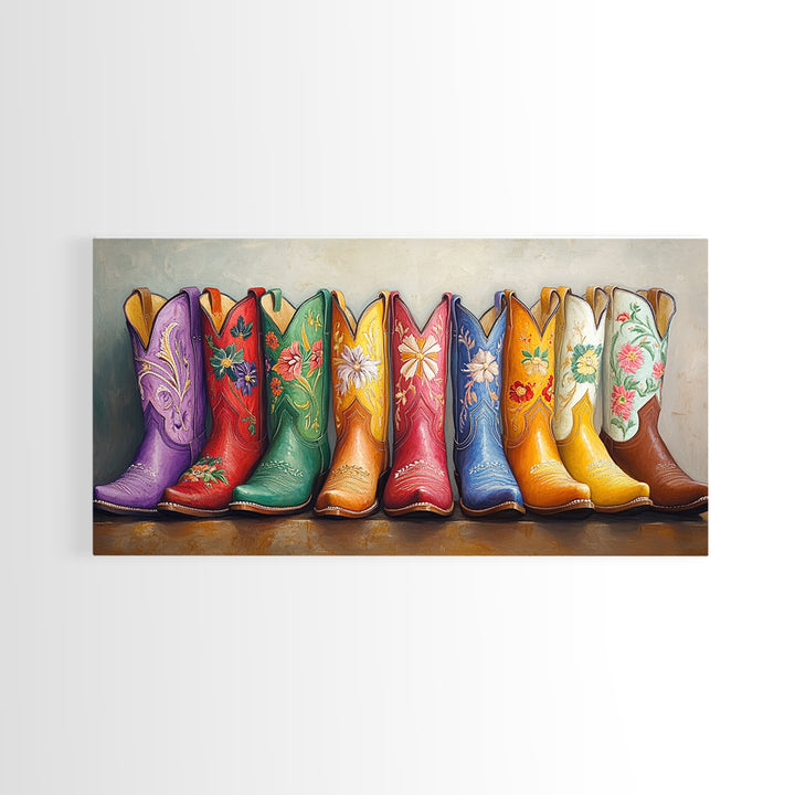 Bright Embroidered Western Boots Framed Canvas Print, Cowgirl Wall Art, Rustic Ranch Decor, Colorful Country Housewarming Gift