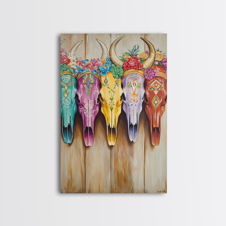 Floral Painted Longhorn Skulls Framed Canvas Print, Western Wall Art, Southwestern Decor, Cowgirl Ranch Home Decor Gift Idea