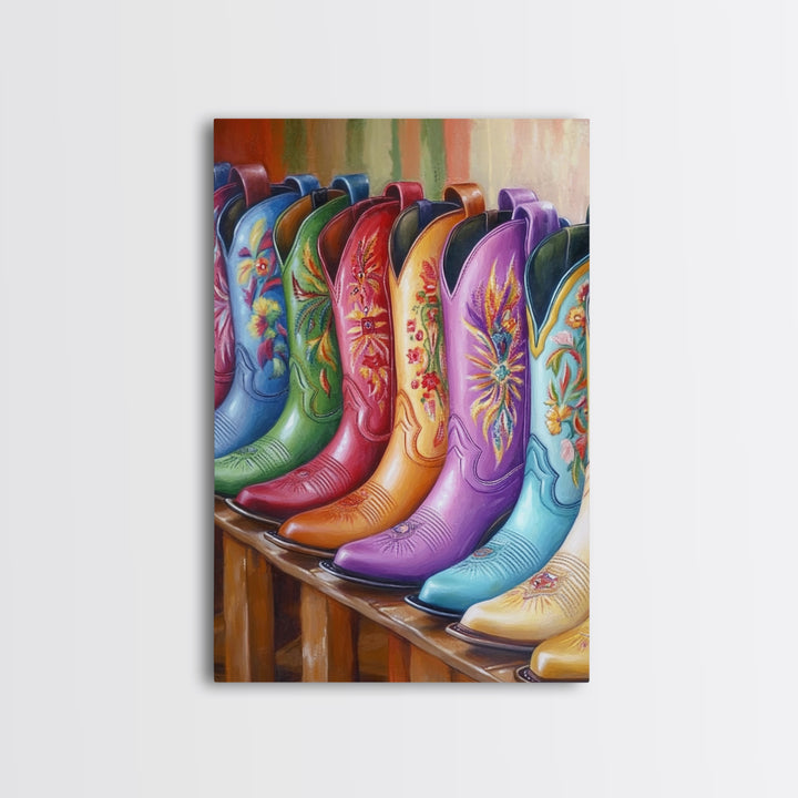 Bright Embroidered Cowboy Boots Wall Art, Western Cowgirl Canvas Print, Colorful Living Room Decor, Rustic Bedroom Wall Art