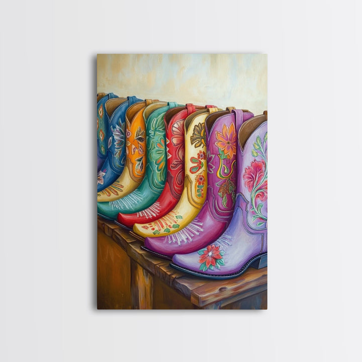 Vibrant Floral Cowboy Boots Wall Art, Western Canvas Print, Cowgirl Bedroom Decor, Rustic Boho Home Decor, Living Room Art, Gift For Her