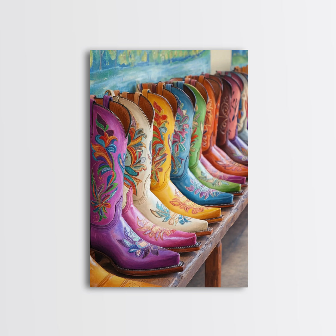 Row Of Painted Floral Cowgirl Boots Framed Canvas Print, Western Wall Art, Southwestern Home Decor, Housewarming Gift For Her