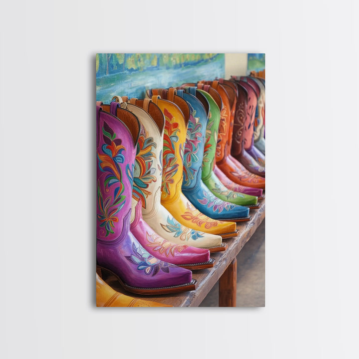 Row Of Painted Floral Cowgirl Boots Framed Canvas Print, Western Wall Art, Southwestern Home Decor, Housewarming Gift For Her
