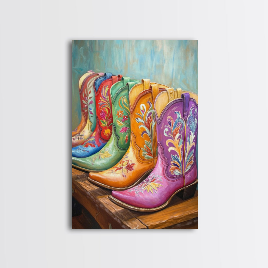 Pink Purple And Orange Cowboy Boots Framed Canvas Print, Western Cowgirl Wall Art, Floral Ranch Decor, Gift For Her Home Decor