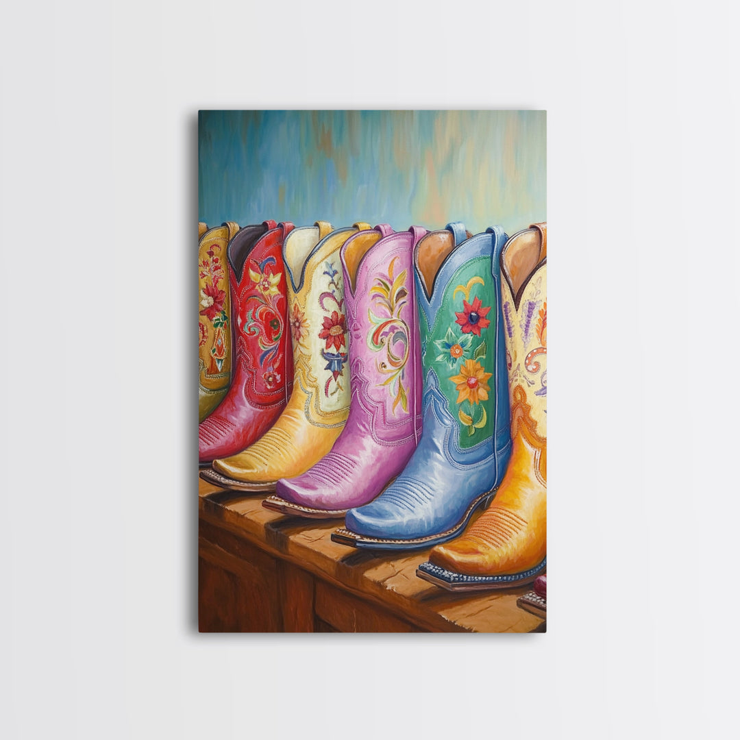 Pastel Blue Pink And Red Cowboy Boots Wall Art, Floral Western Decor, Cowgirl Ranch Canvas Art Print, Living Room Decor Gift