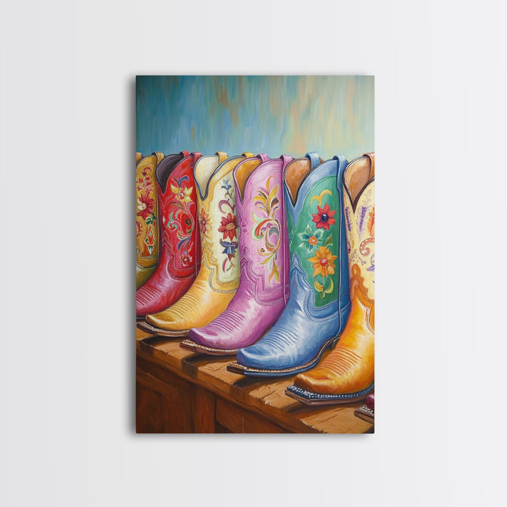 Pastel Blue Pink And Red Cowboy Boots Wall Art, Floral Western Decor, Cowgirl Ranch Canvas Art Print, Living Room Decor Gift