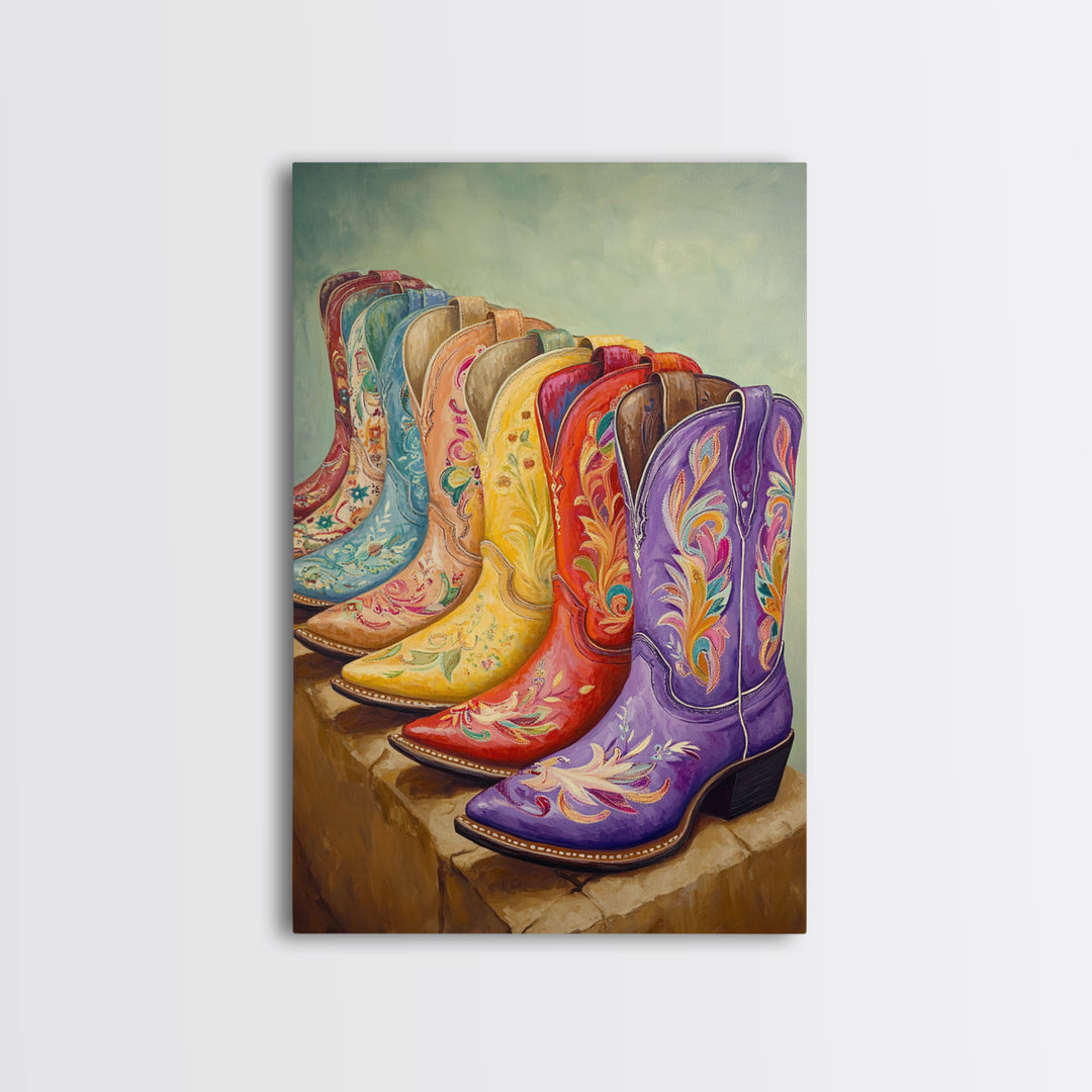 Purple Red And Yellow Embroidered Cowboy Boots Framed Canvas Print, Western Wall Art, Cowgirl Decor, Southwestern Gift For Her