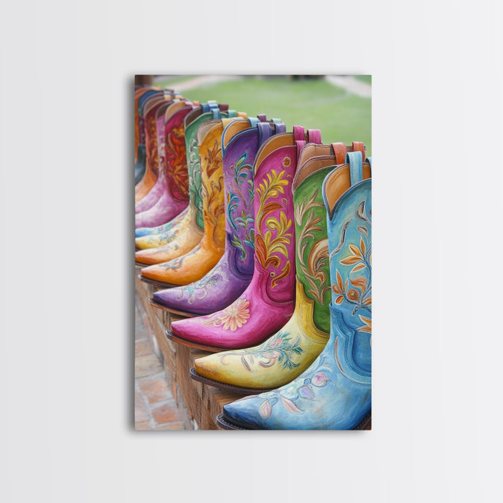 Outdoor Row Of Turquoise Pink And Green Cowboy Boots Canvas Print, Western Wall Art, Cowgirl Decor, Rustic Home Decor, Gift For Her