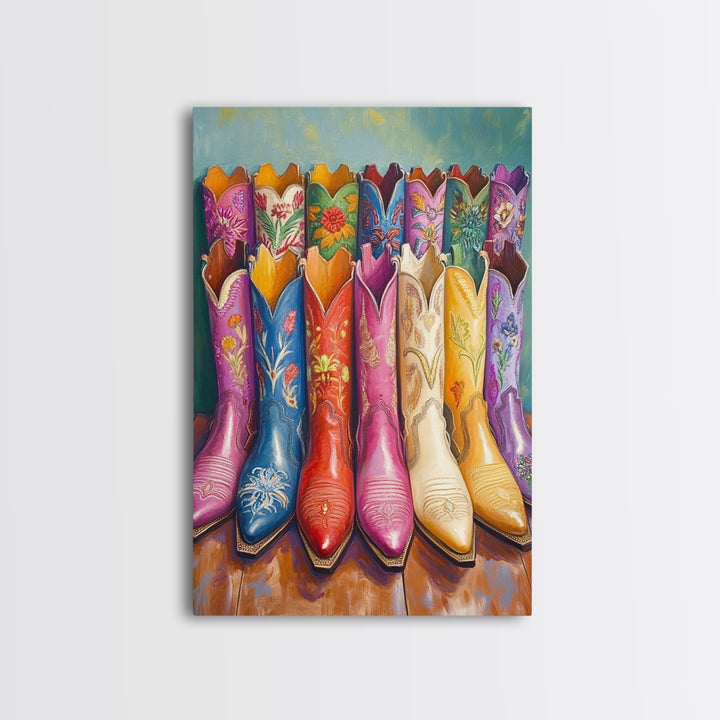 Front Facing Pink Blue Red And Cream Cowgirl Boots Framed Canvas Print, Western Wall Art, Maximalist Decor, Gift For Her