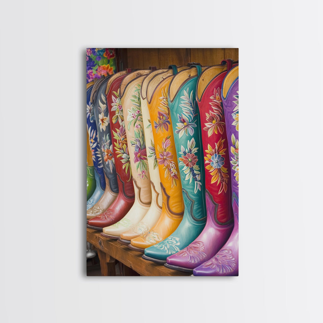Embroidered Floral Cowboy Boots Canvas Print, Western Wall Art, Cowgirl Decor, Rustic Home Decor, Housewarming Gift, Living Room Decor