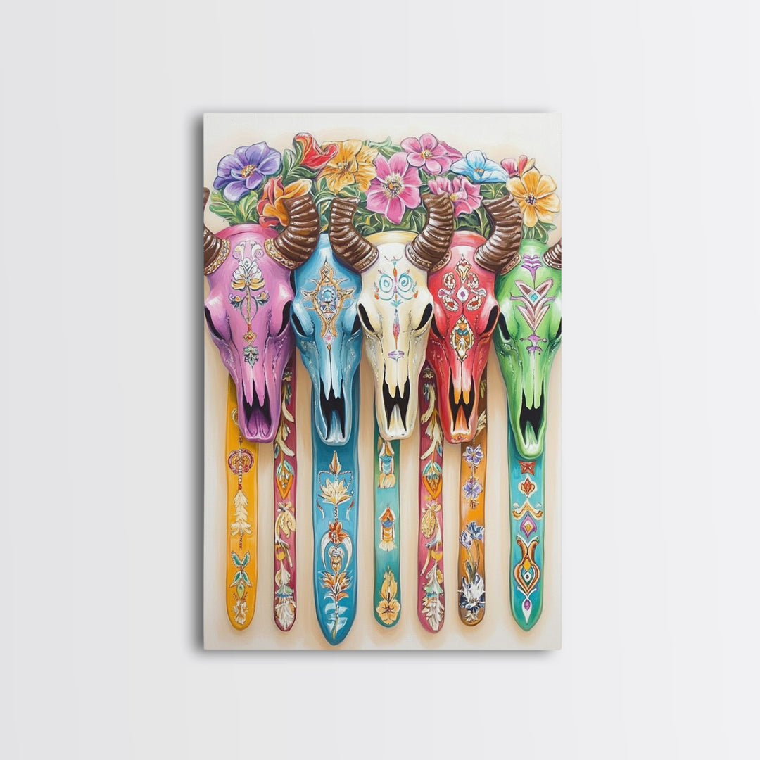 Floral Painted Cow Skulls Canvas Print, Western Wall Art, Southwestern Decor, Cowgirl Art, Boho Wall Decor, Gift For Her