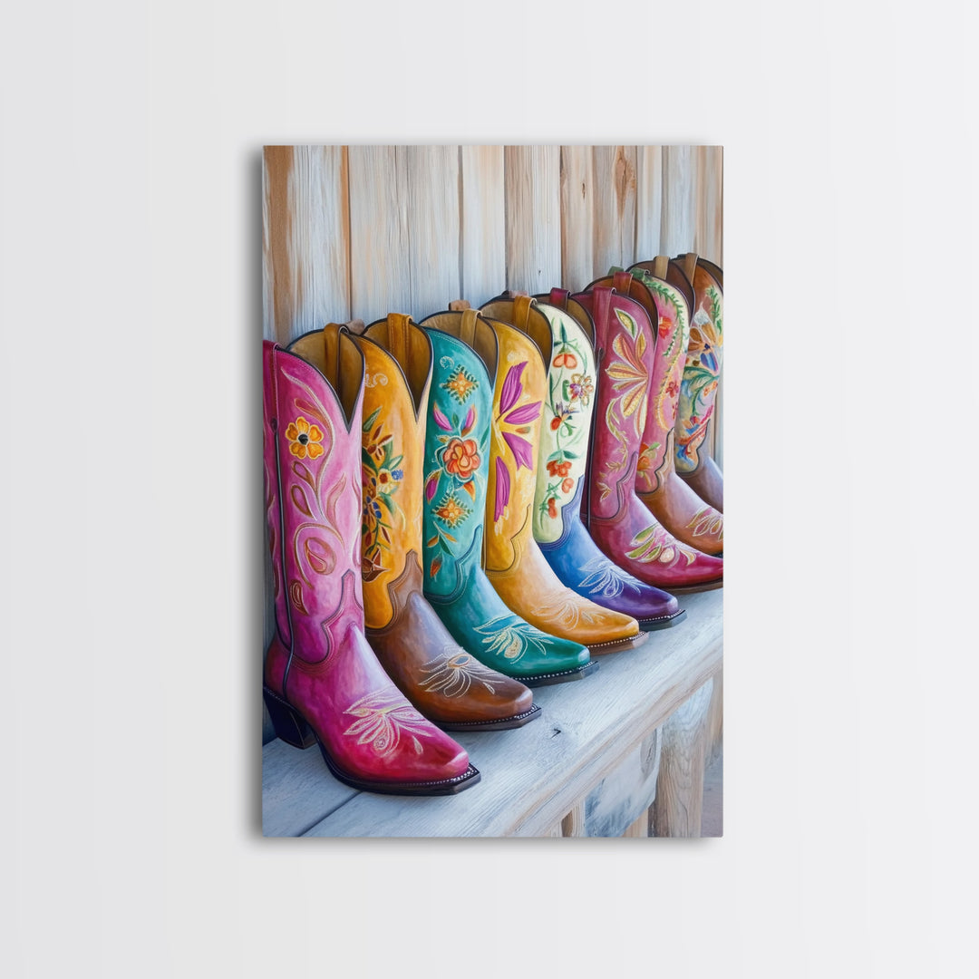 Rustic Row Of Painted Cowgirl Boots Wall Art, Western Floral Canvas Print, Southwestern Ranch Decor, Housewarming Gift For Her