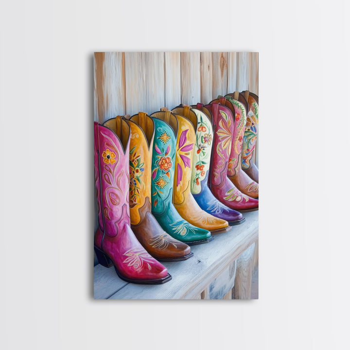 Rustic Row Of Painted Cowgirl Boots Wall Art, Western Floral Canvas Print, Southwestern Ranch Decor, Housewarming Gift For Her