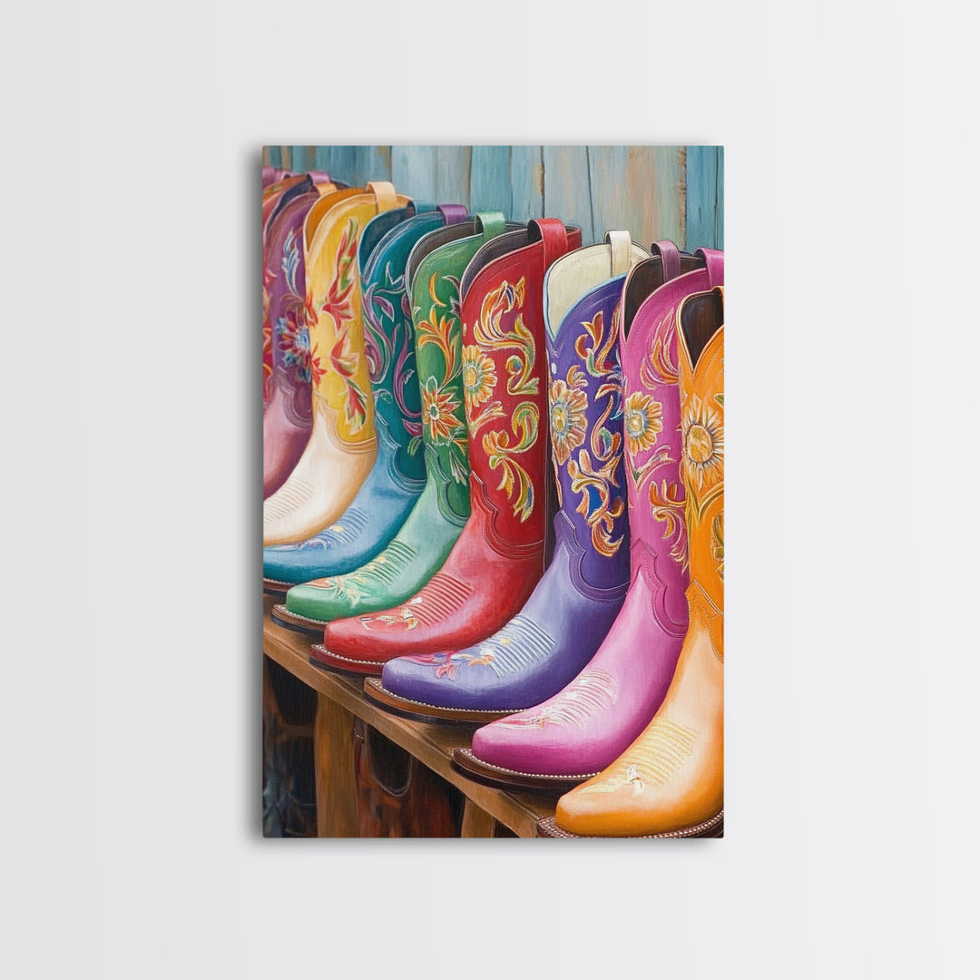 Bright Floral Cowboy Boots Wall Art, Western Boot Print, Cowgirl Room Decor, Rustic Farmhouse Canvas Wall Art, Housewarming Gift