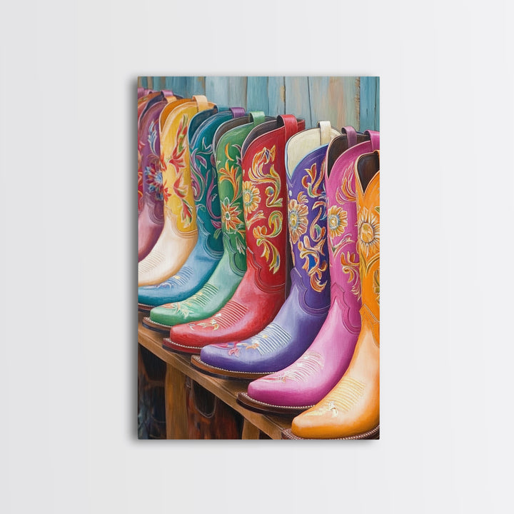 Bright Floral Cowboy Boots Wall Art, Western Boot Print, Cowgirl Room Decor, Rustic Farmhouse Canvas Wall Art, Housewarming Gift