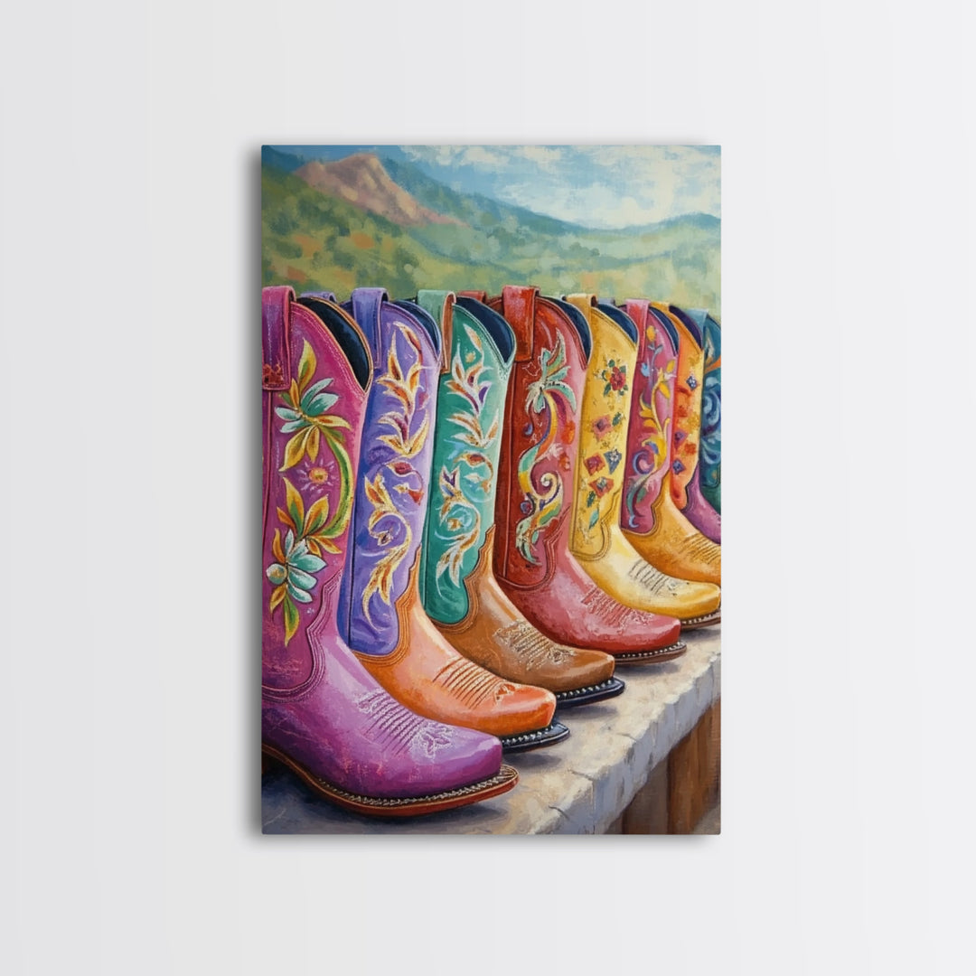 Floral Cowboy Boots With Mountain View Wall Art, Western Landscape Painting, Cowgirl Decor, Rustic Farmhouse Canvas Print